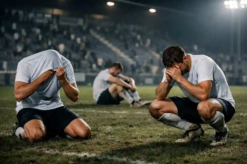Enttäuschte Fußballspieler nach einer Niederlage auf dem Rasen