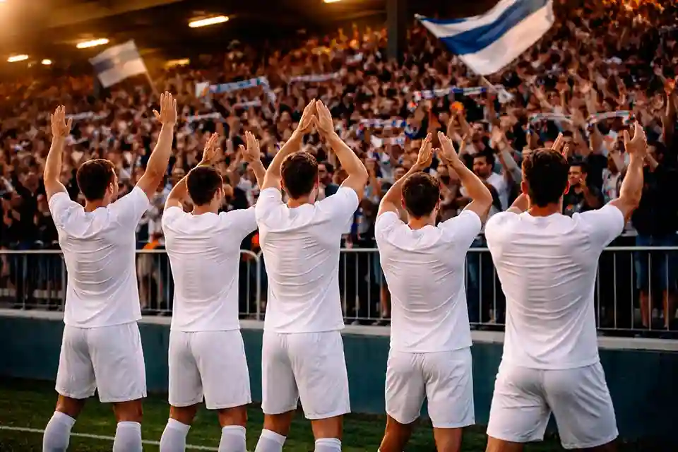 Aufsteigermannschaft feiert den Erfolg mit Fans im Stadion
