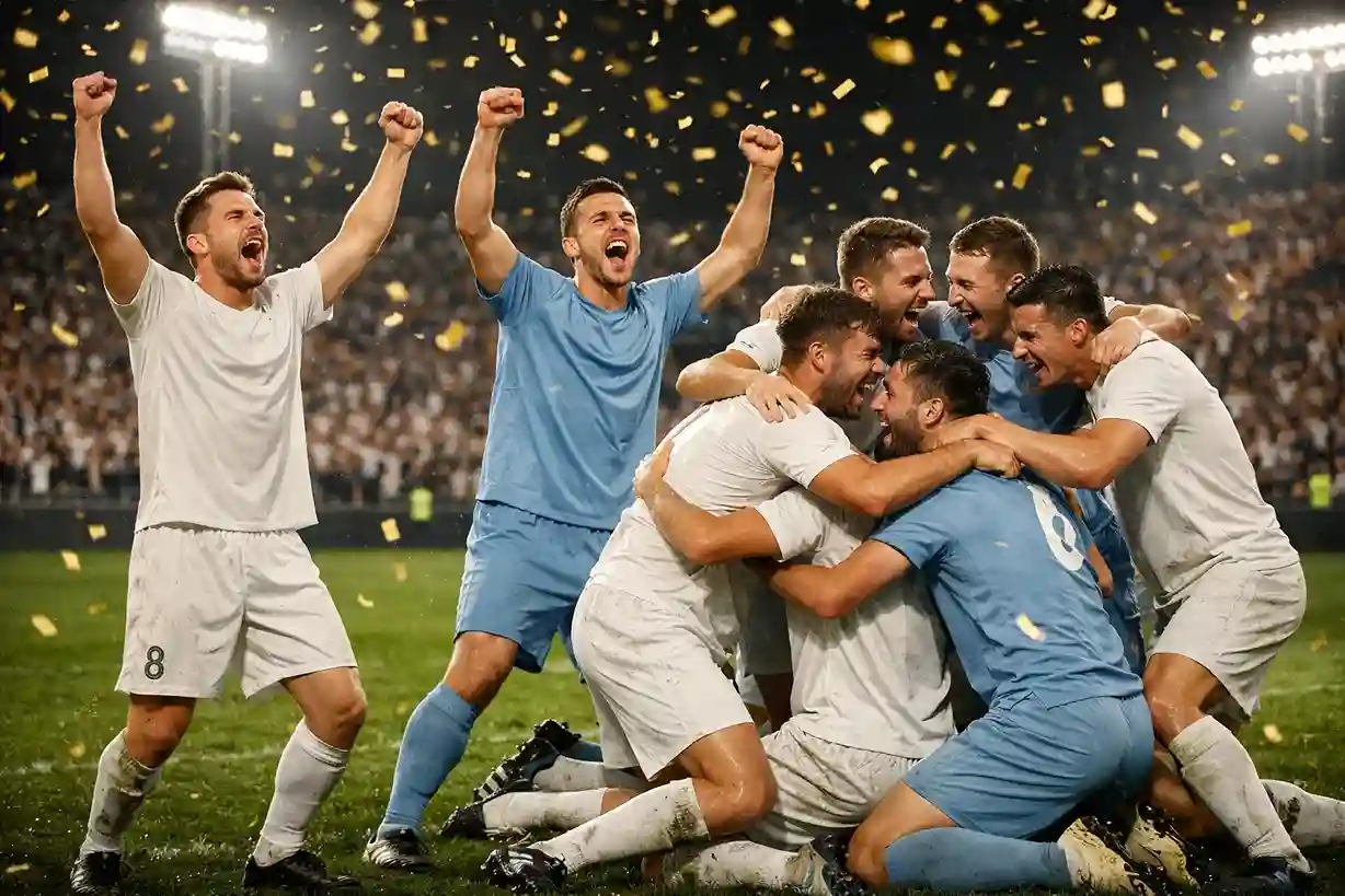 Jubelnde Fußballmannschaft feiert den Aufstieg auf dem Spielfeld