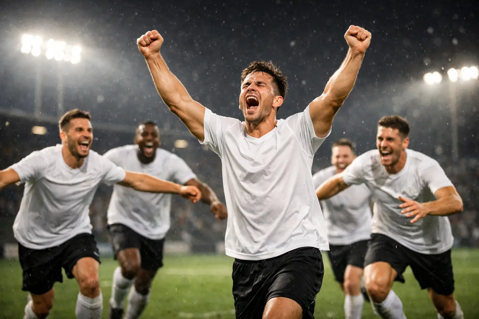 Jubelnde Fu&szlig;ballspieler nach einem &uuml;berraschenden Sieg auf dem Rasen