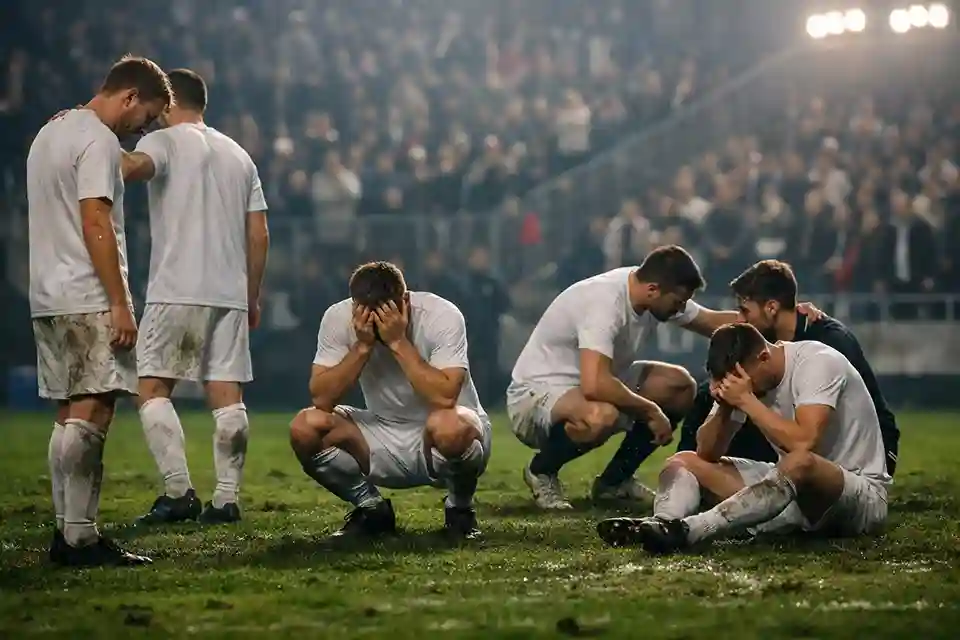Enttäuschte Fußballspieler nach dem Abstieg aus der Bundesliga