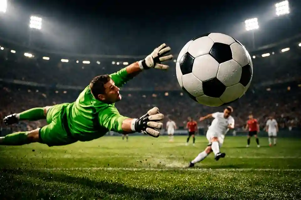 Torschuss im Fußballstadion mit Fokus auf den Ball vor dem Tor