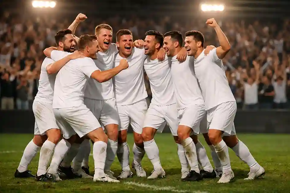 Fußballmannschaft feiert einen Sieg auf dem Spielfeld