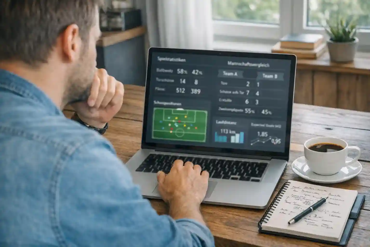 Person analysiert Fu&szlig;ballstatistiken am Laptop mit Notizen