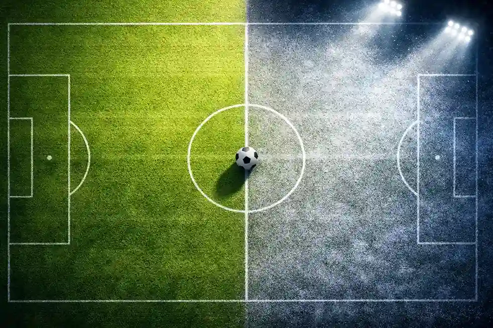 Fu&szlig;ballfeld mit unterschiedlicher Beleuchtung symbolisiert verschiedene Saisonphasen