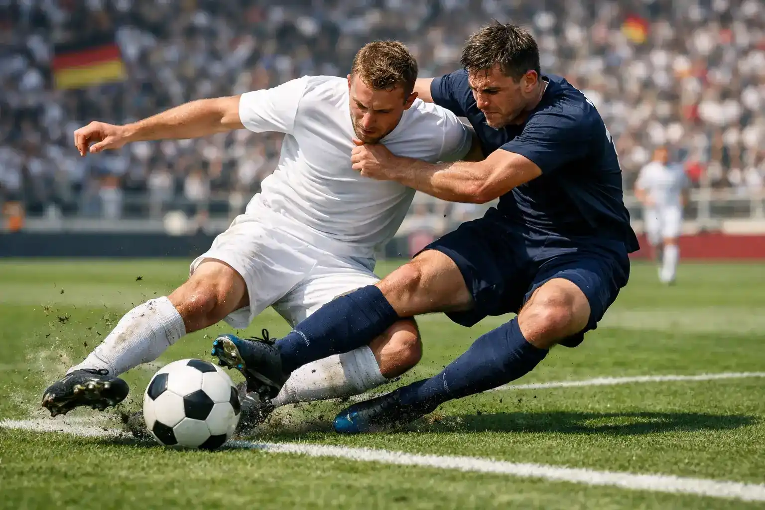 Intensive Spielszene bei einem Fußballspiel mit Zweikampf um den Ball