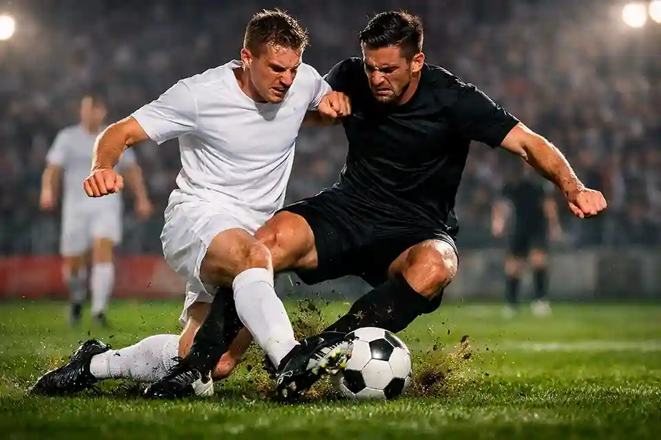 Zwei Fußballspieler im direkten Zweikampf auf dem Spielfeld