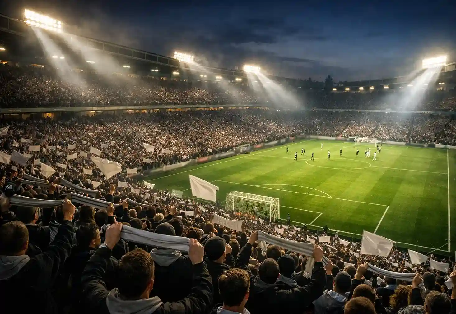 Ausverkauftes deutsches Fußballstadion bei Flutlicht mit begeisterten Fans