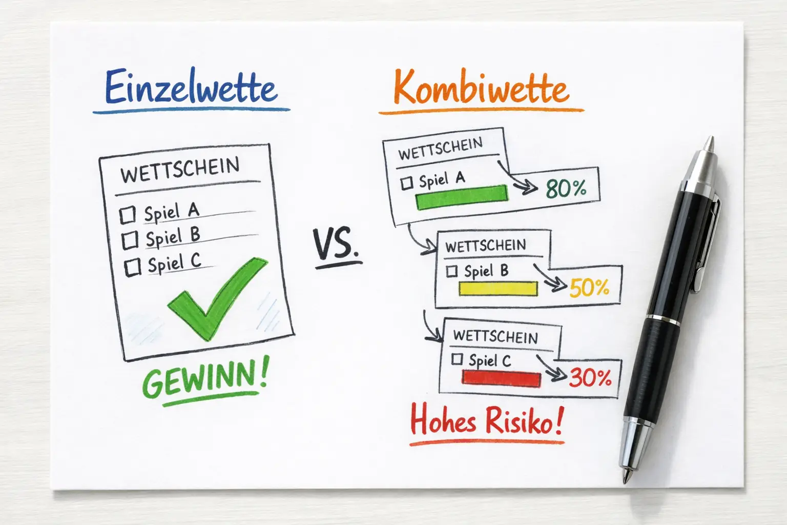 Visualisierung von Einzelwetten versus Kombiwetten mit einfachem Diagramm