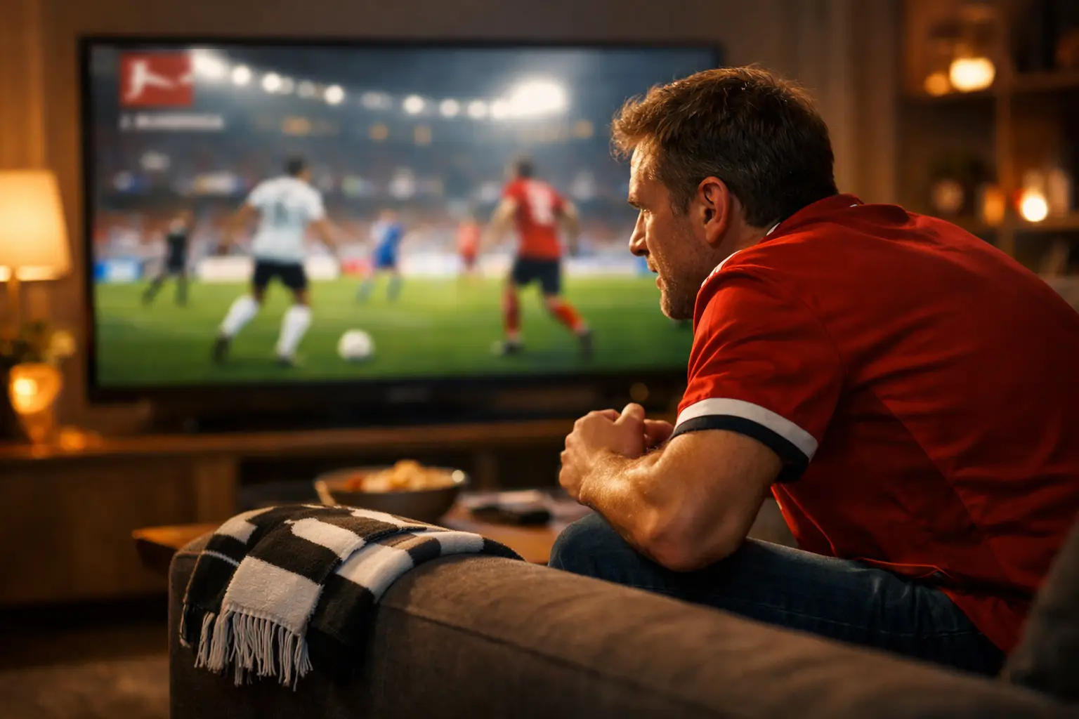 Fußballfan verfolgt ein Spiel der 2. Bundesliga live auf dem Fernseher