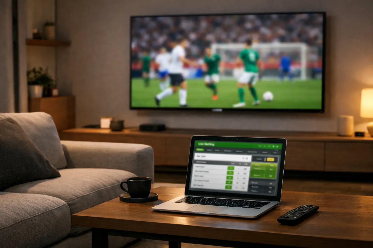 Modernes Setup mit Fernseher und Laptop f&uuml;r Live-Wetten