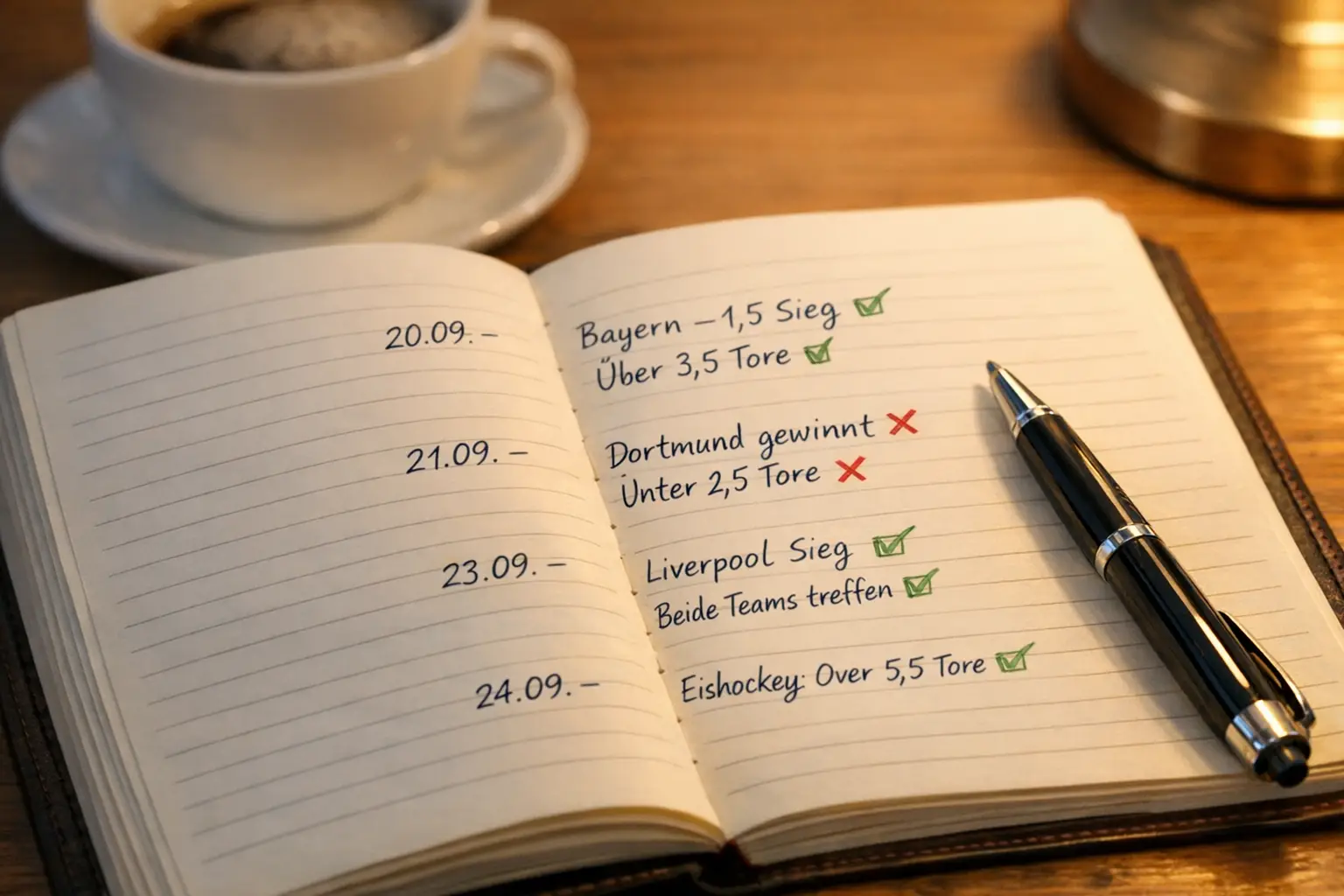 Aufgeschlagenes Notizbuch mit handschriftlichen Notizen zu Sportwetten