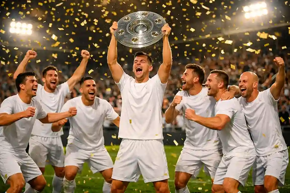 Meisterfeier im deutschen Fußballstadion mit Pokal und Konfetti