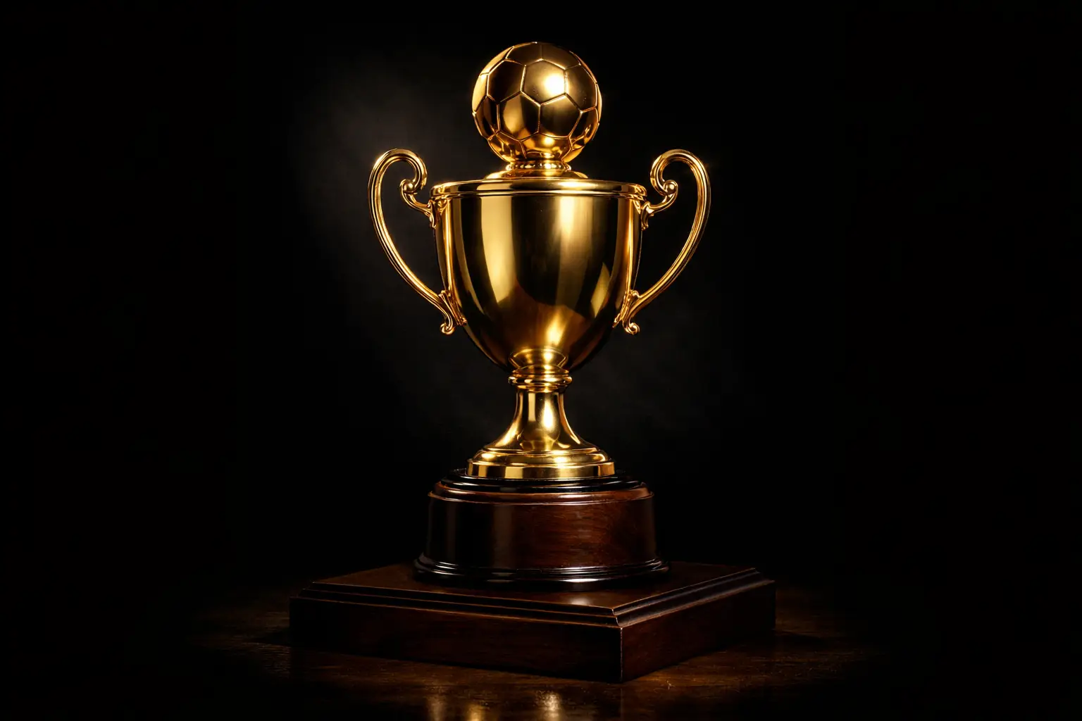 Goldener Fußballpokal auf einem Podest mit dramatischer Beleuchtung