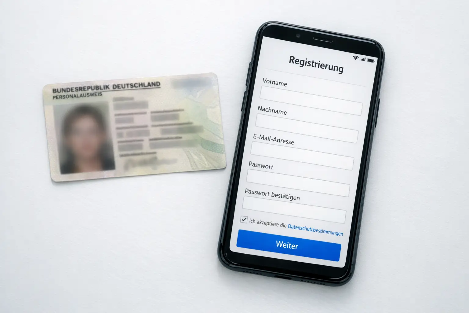 Personalausweis und Smartphone bei der Kontoeröffnung