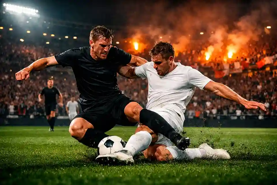 Dramatische Spielszene in einem ausverkauften Fußballstadion bei Flutlicht