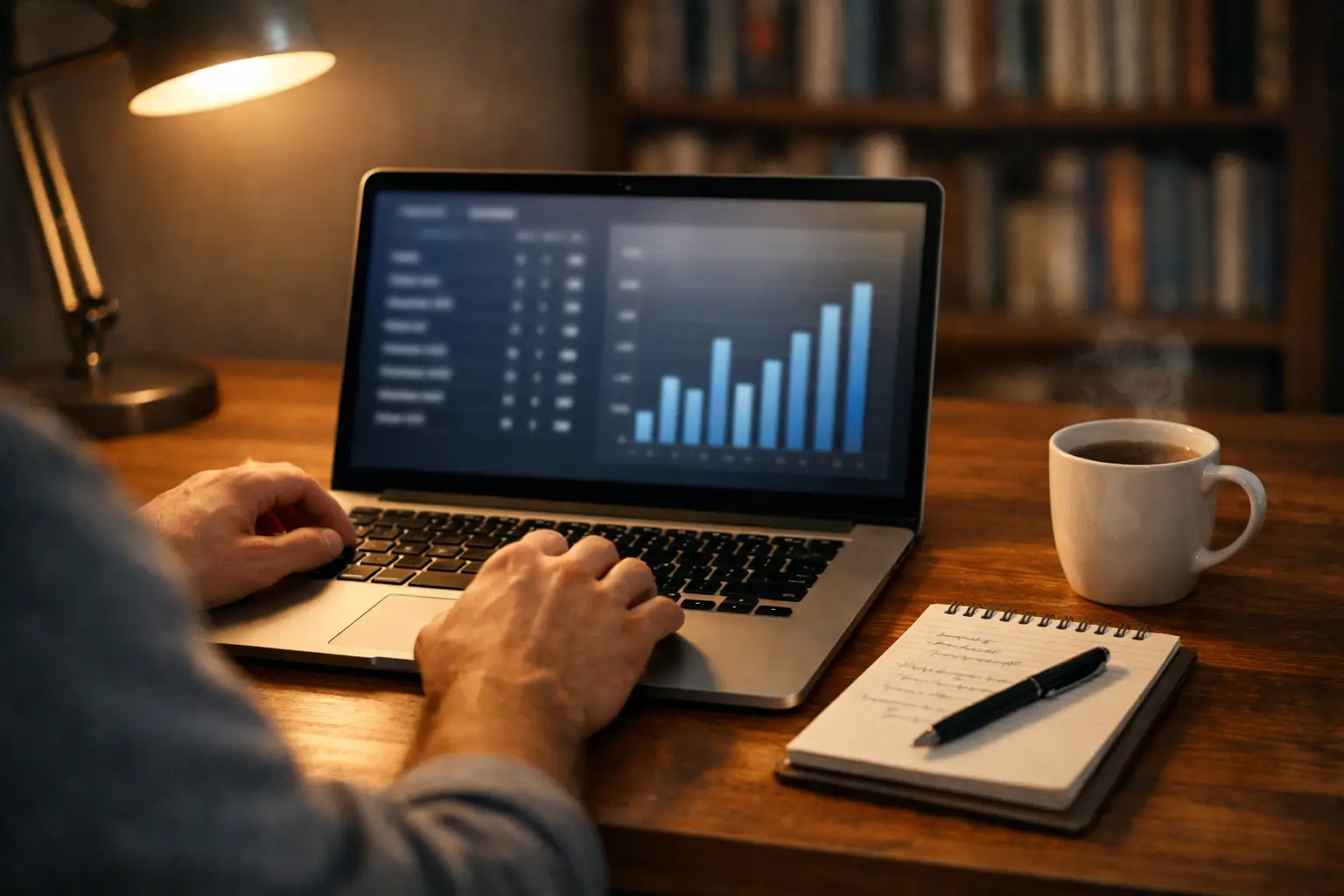 Person recherchiert Fußballdaten und Statistiken am Laptop