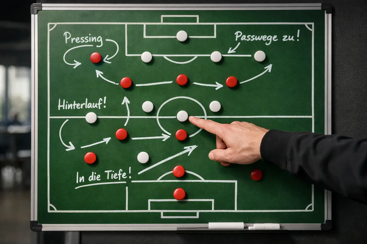 Taktiktafel mit Fußballaufstellung und strategischen Markierungen