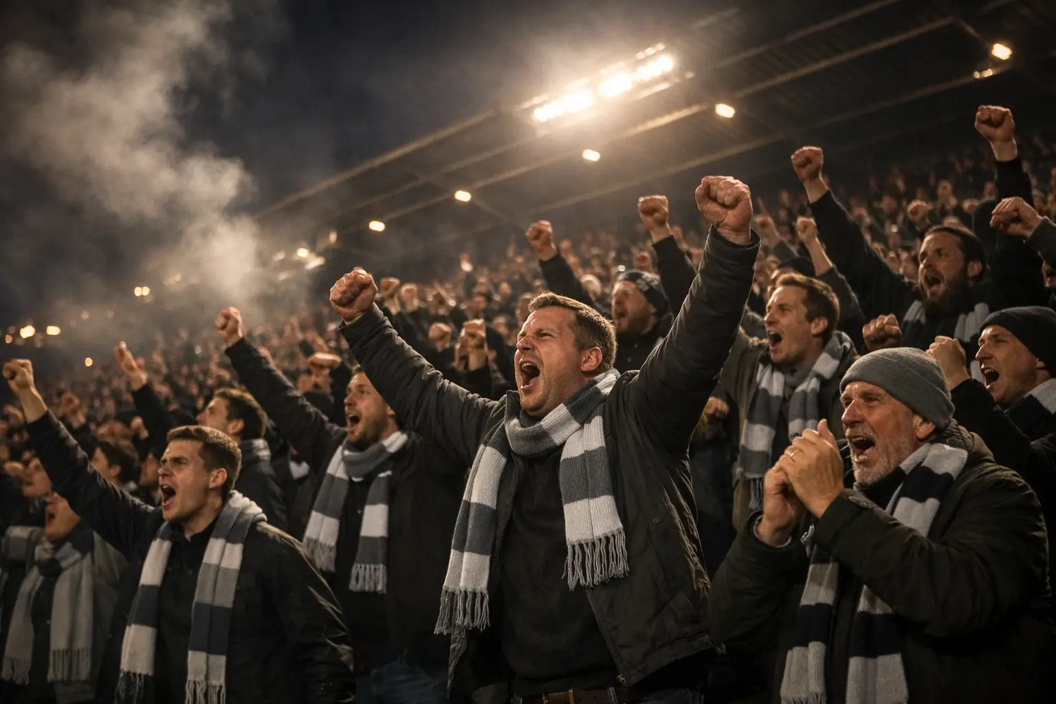 Fu&szlig;ballfans auf der Trib&uuml;ne zeigen emotionale Unterst&uuml;tzung f&uuml;r ihr Team