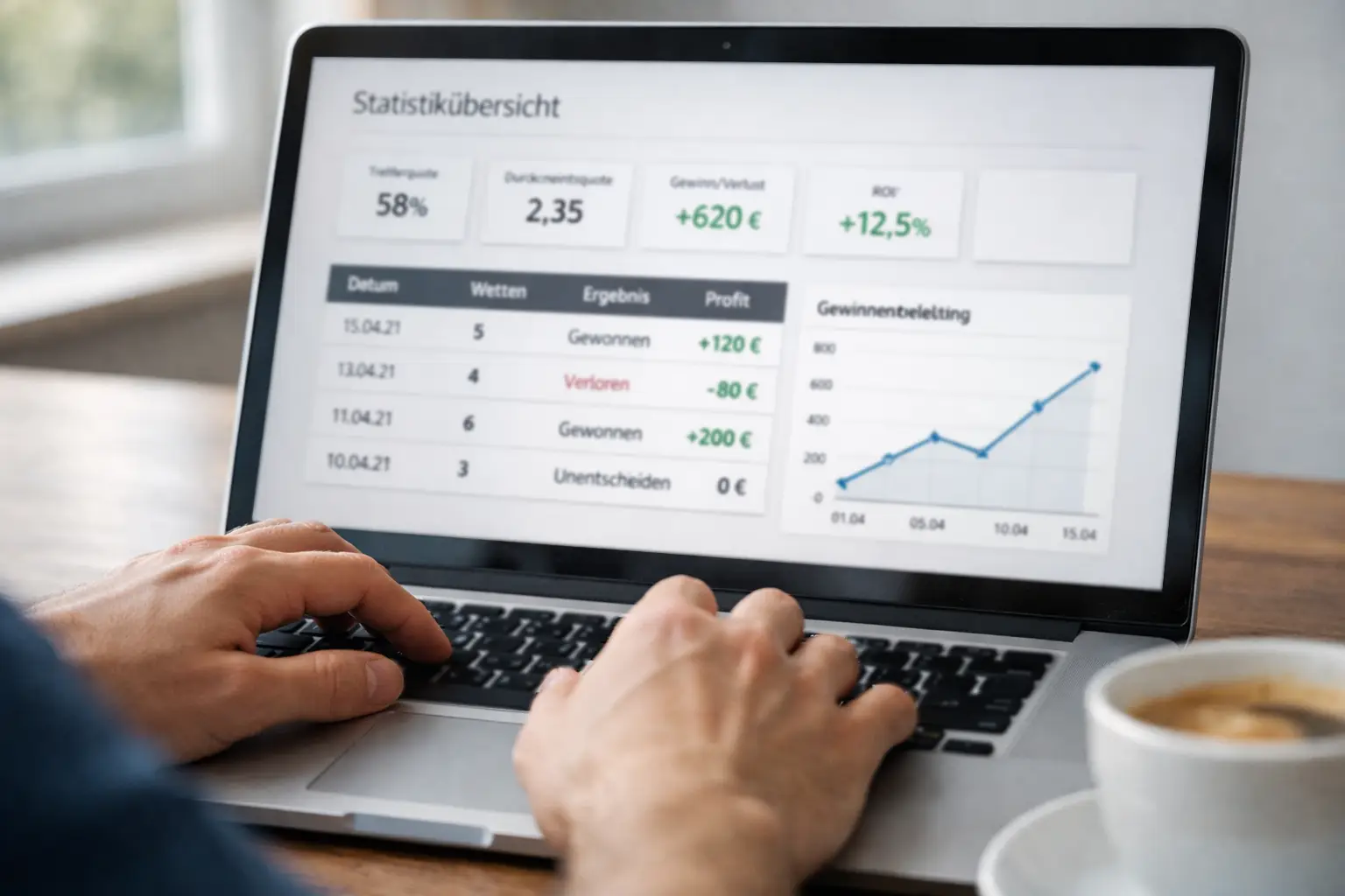Person analysiert Statistiken und Quoten auf einem Laptop