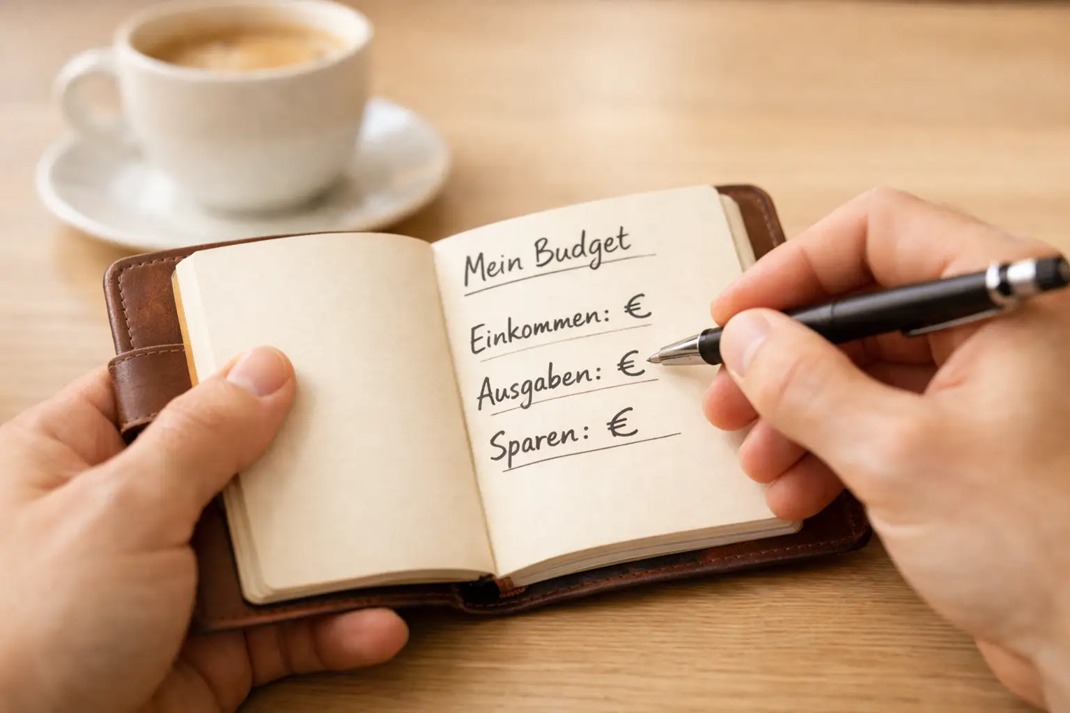 Person setzt sich ein Budget für Sportwetten im Notizbuch