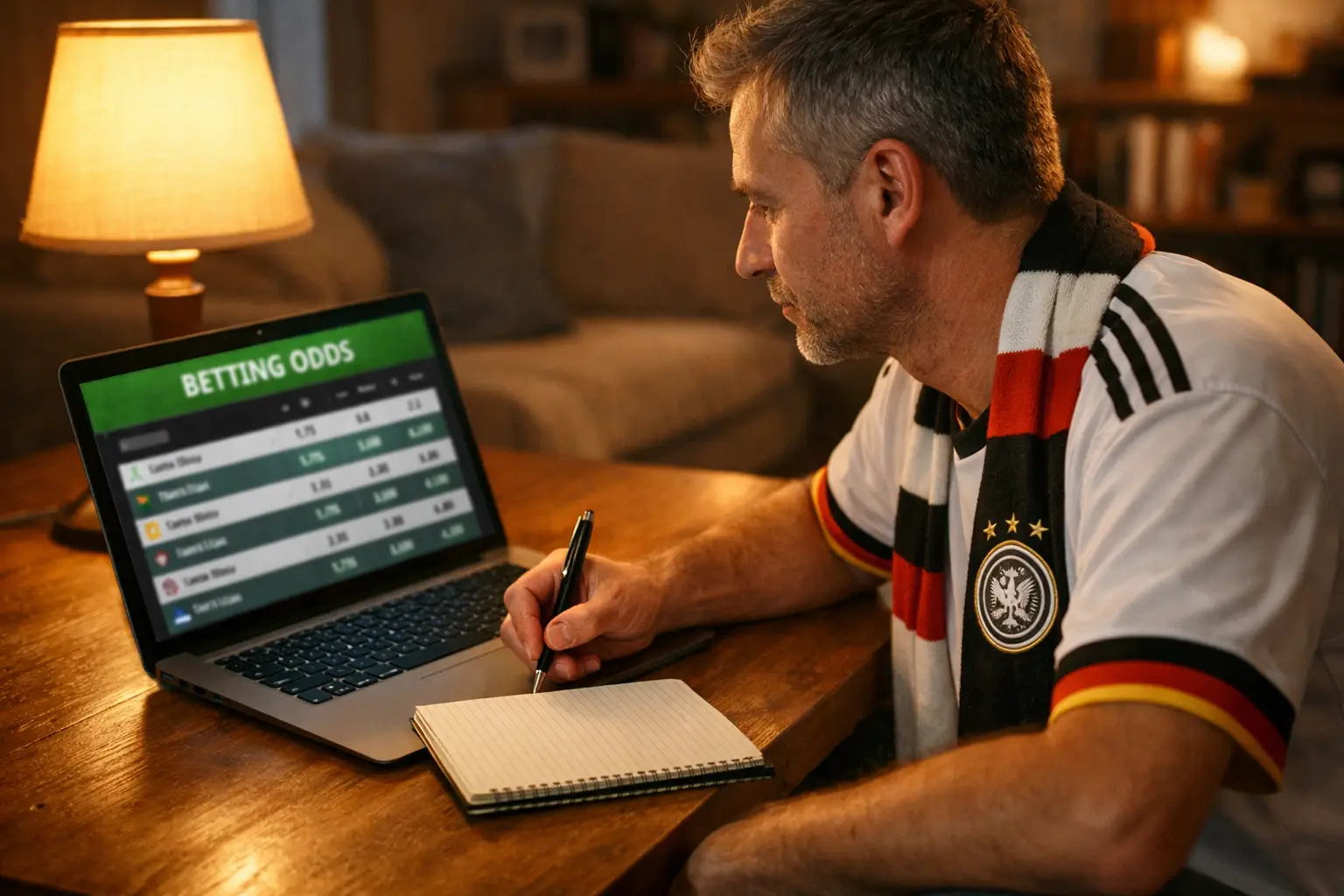 Fußballfan analysiert Wettquoten auf Laptop in gemütlicher Atmosphäre