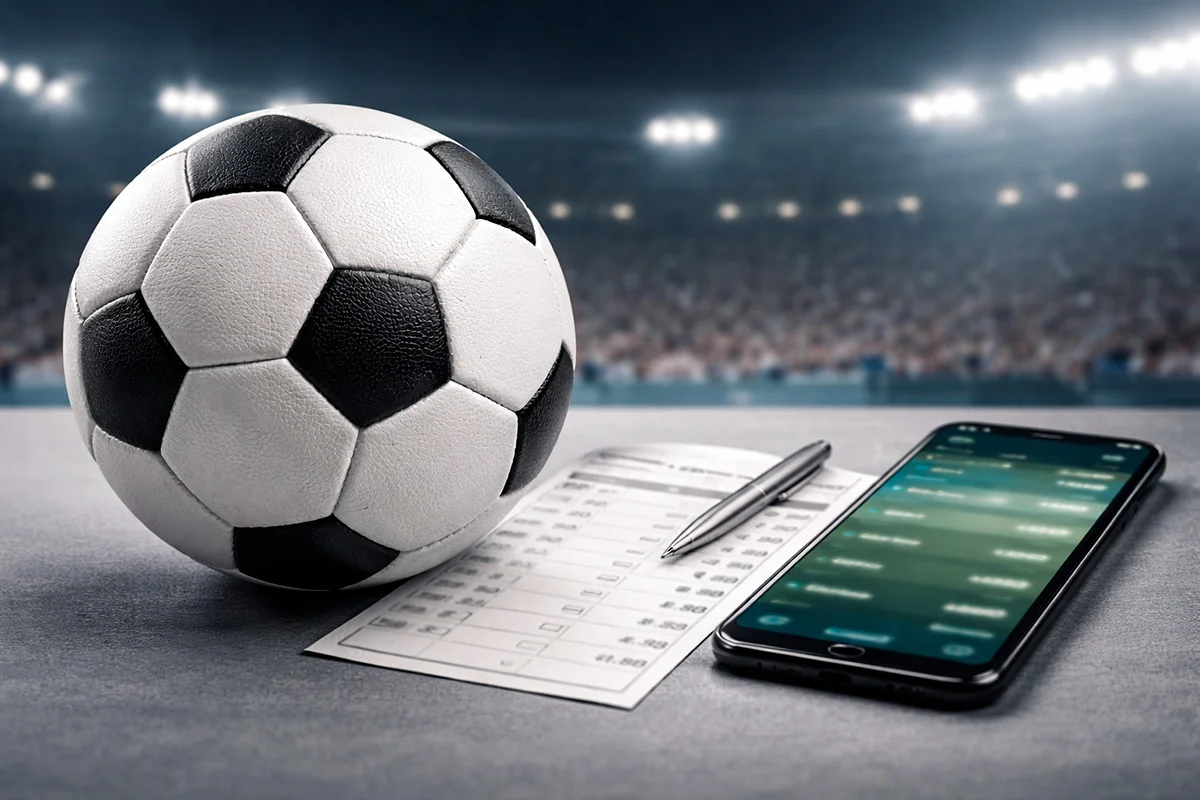 Wettschein und Fußball symbolisieren Sportwetten