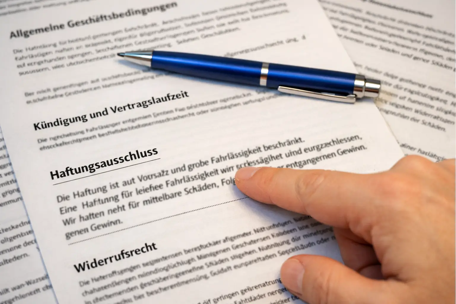 Nahaufnahme eines Dokuments mit Bonusbedingungen und Stift