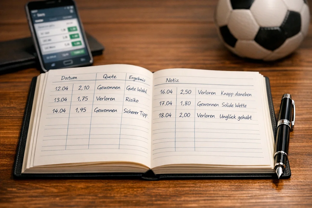 Notizbuch und Stift zur Dokumentation von Sportwetten